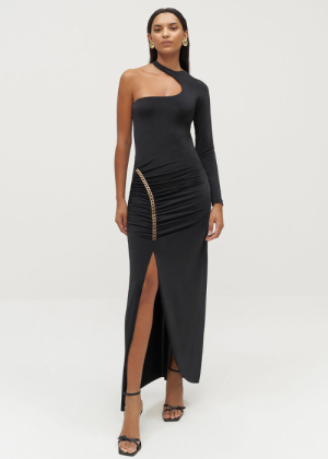 Asymmetrical off-the-shoulder long dress with black slit